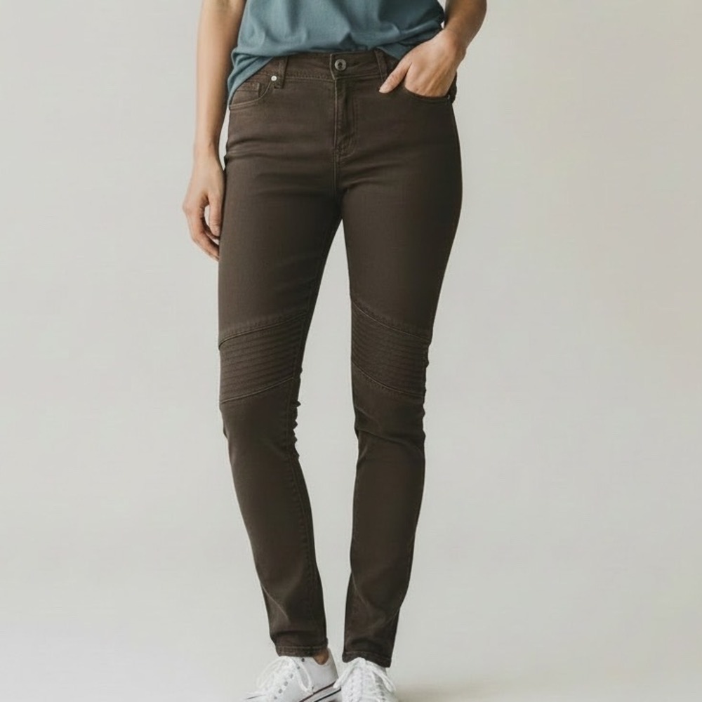 Peruvian Connection Brown Moto Skinny Pants Ribbed Knee Panels 
S Tactical Edgy
